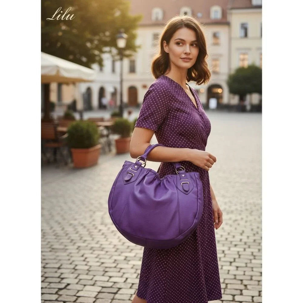 Lilu. Purple Faux Leather Hobo Shoulder Bag W/Dual Handles Gathered Top